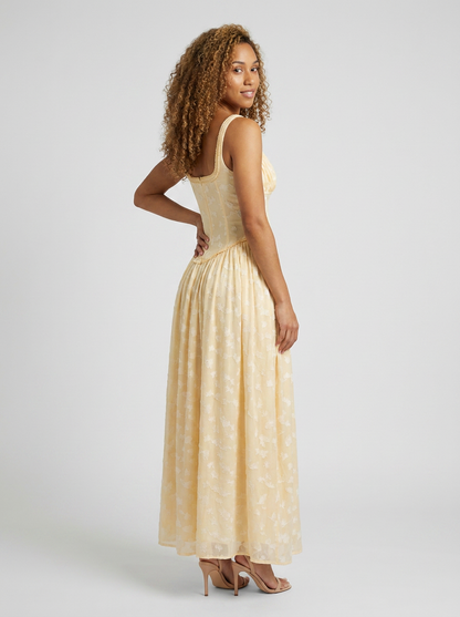 Women's High Slit Corset-Style Bodice Maxi Dress - Butter Yellow