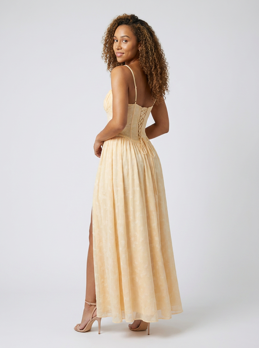 Women's High Slit Corset-Style Bodice Maxi Dress - Butter Yellow
