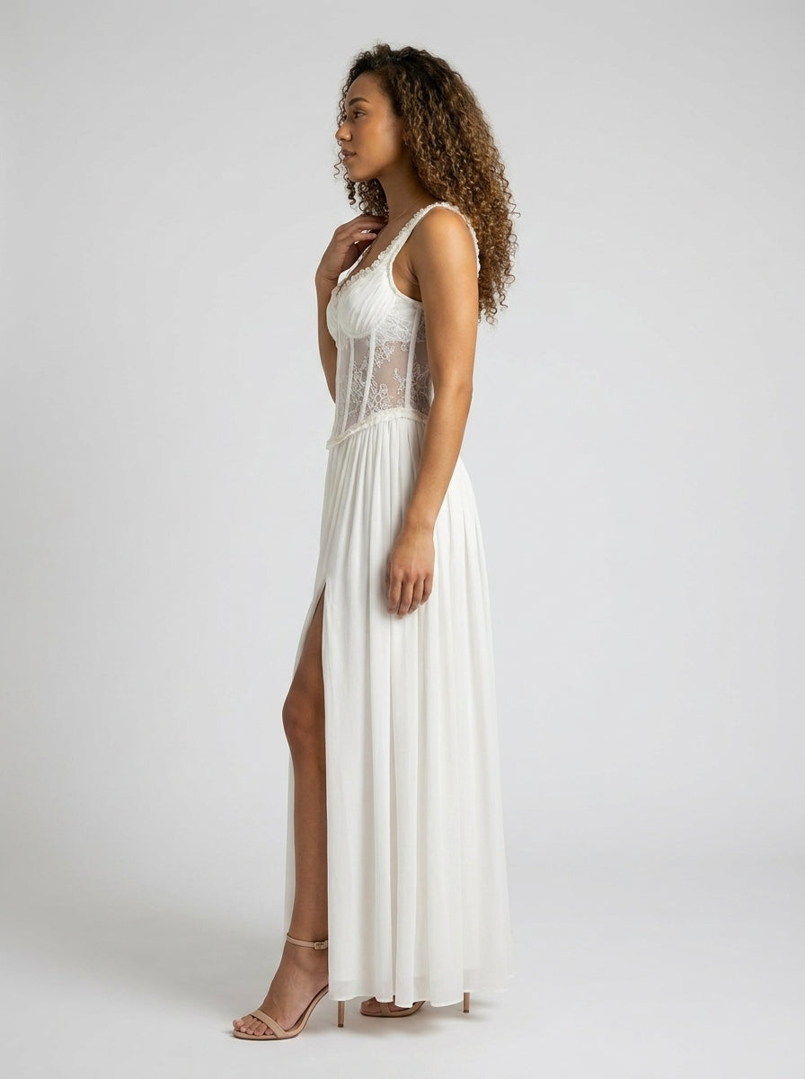 Women's High Slit Corset-Style Bodice Maxi Dress - White