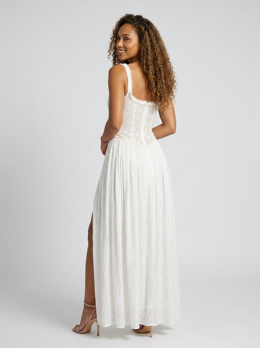 Women's High Slit Corset-Style Bodice Maxi Dress - White