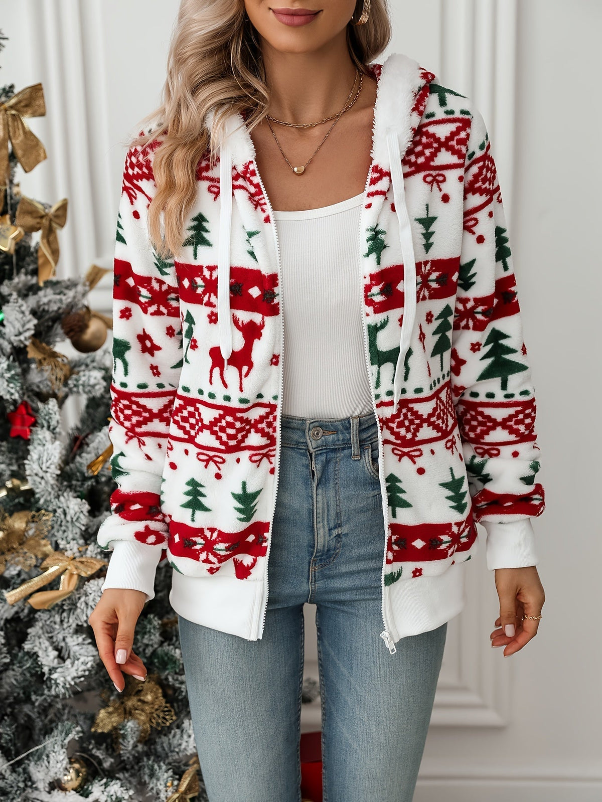 Women's Holiday Reindeer Print Hooded Cardigan - White Red and Green Print