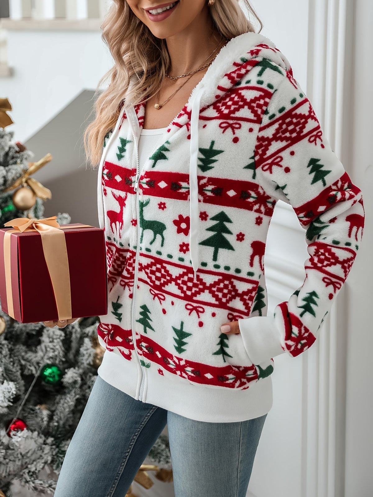 Women's Holiday Reindeer Print Hooded Cardigan - White Red and Green Print