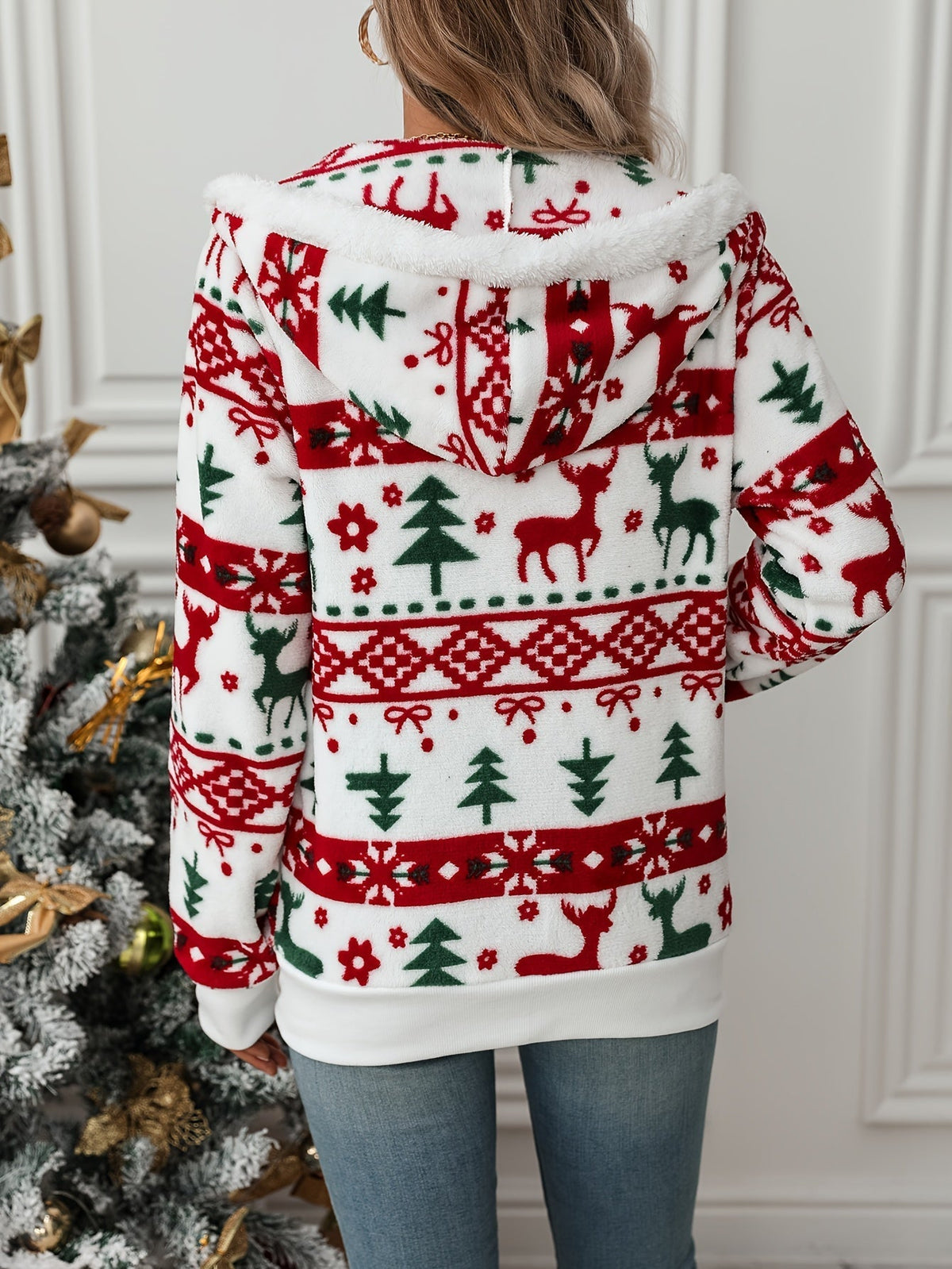 Women's Holiday Reindeer Print Hooded Cardigan - White Red and Green Print