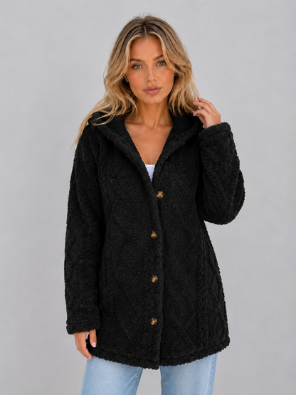 Women's Hooded Fleece Button-Front Cardigan - Black