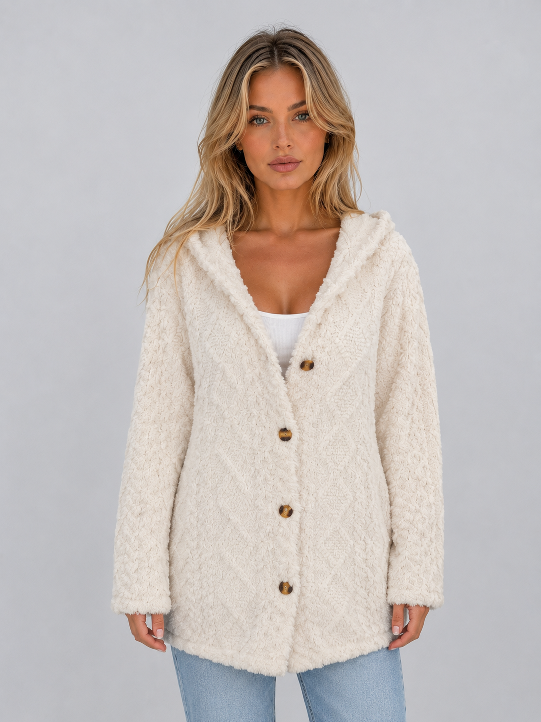 Women's Hooded Fleece Button-Front Cardigan - Cream