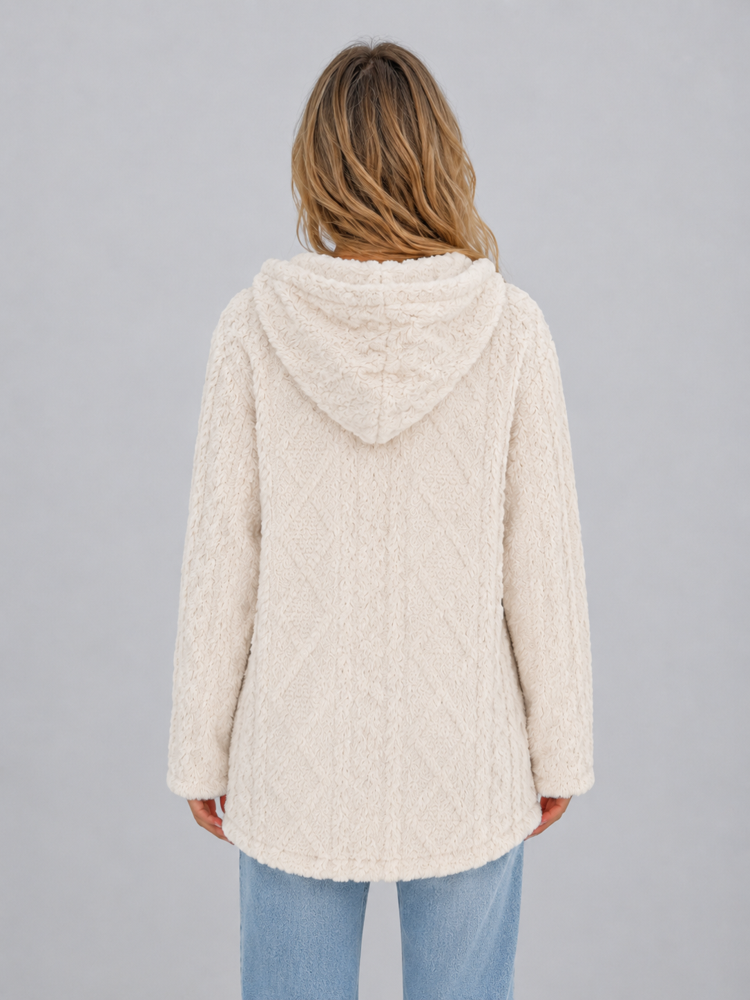 Women's Hooded Fleece Button-Front Cardigan - Cream