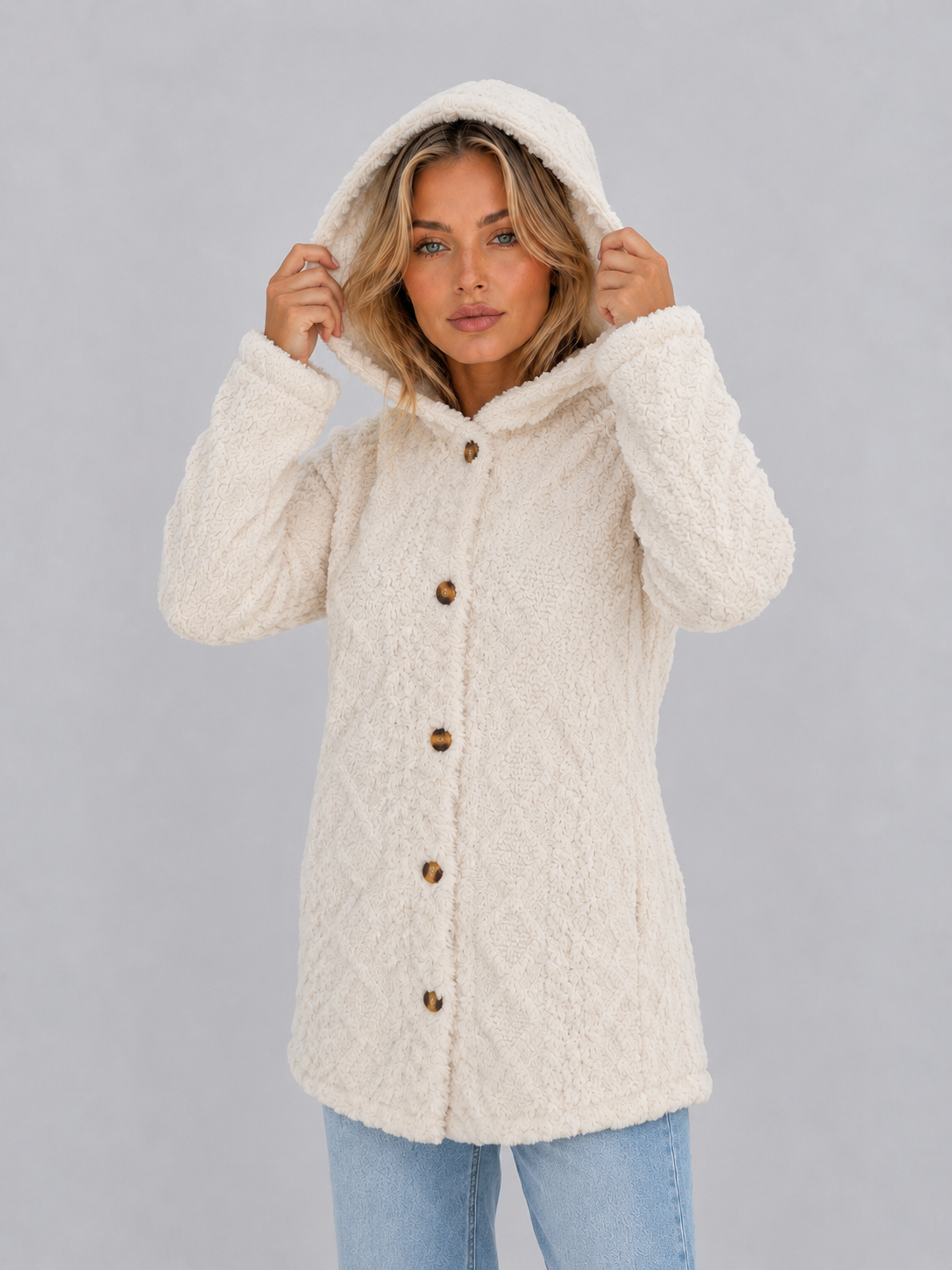 Women's Hooded Fleece Button-Front Cardigan - Cream