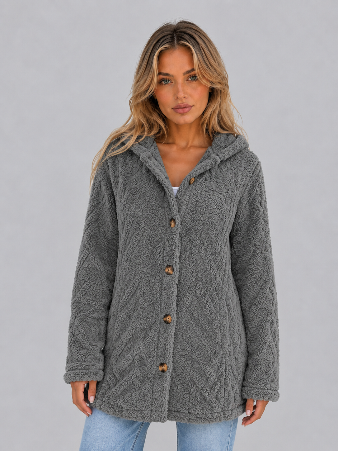 Women's Hooded Fleece Button-Front Cardigan - Dark Gray