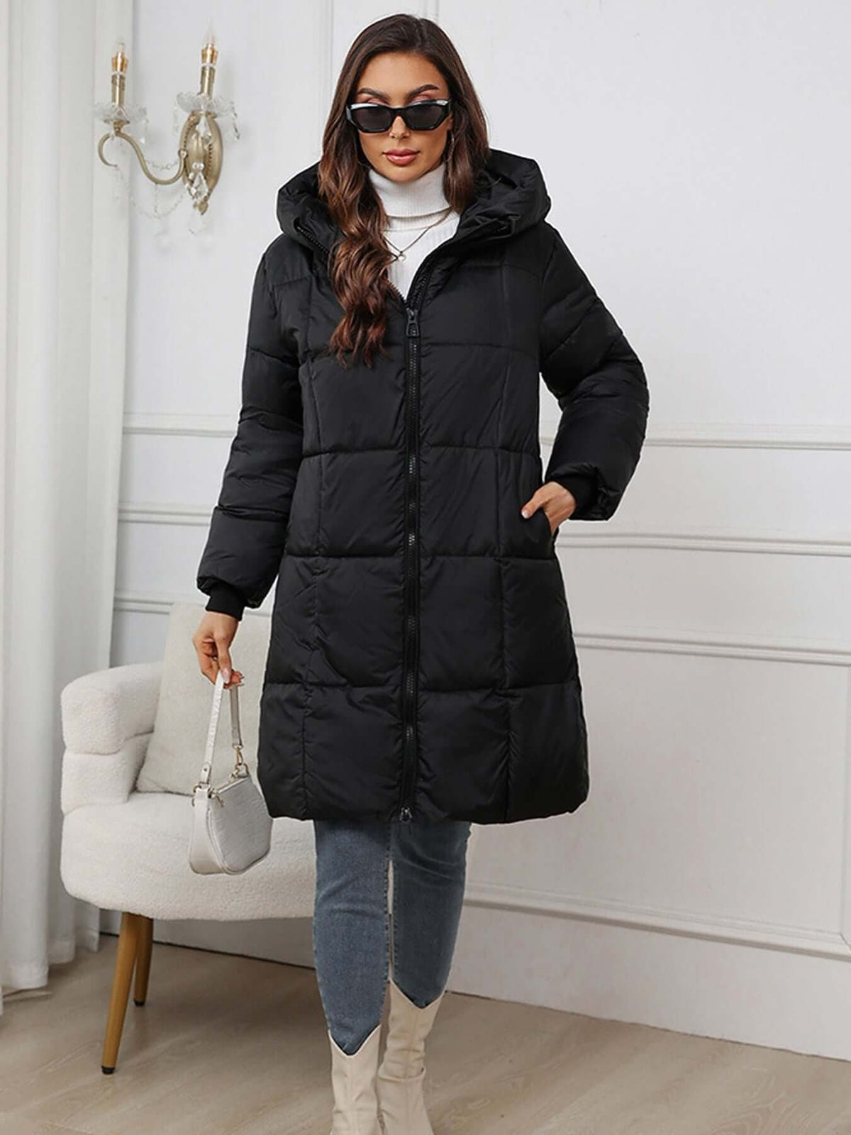 Women's Hooded Long Puffer Coat with a Drawstring Waist - Black