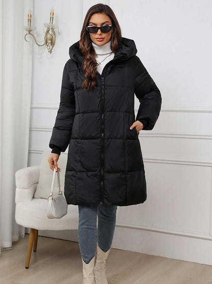 Women's Hooded Long Puffer Coat with a Drawstring Waist - Black