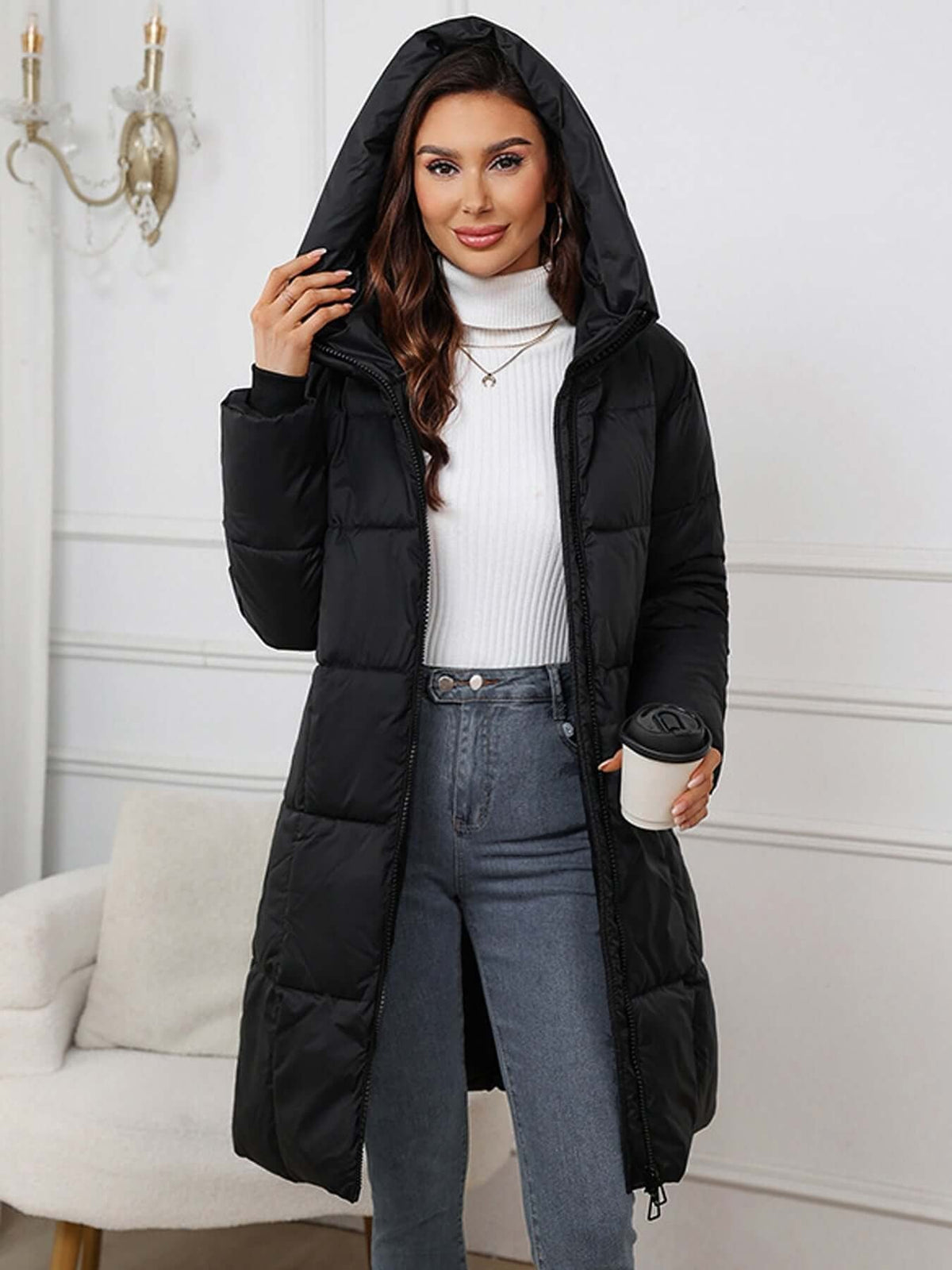 Women's Hooded Long Puffer Coat with a Drawstring Waist - Black