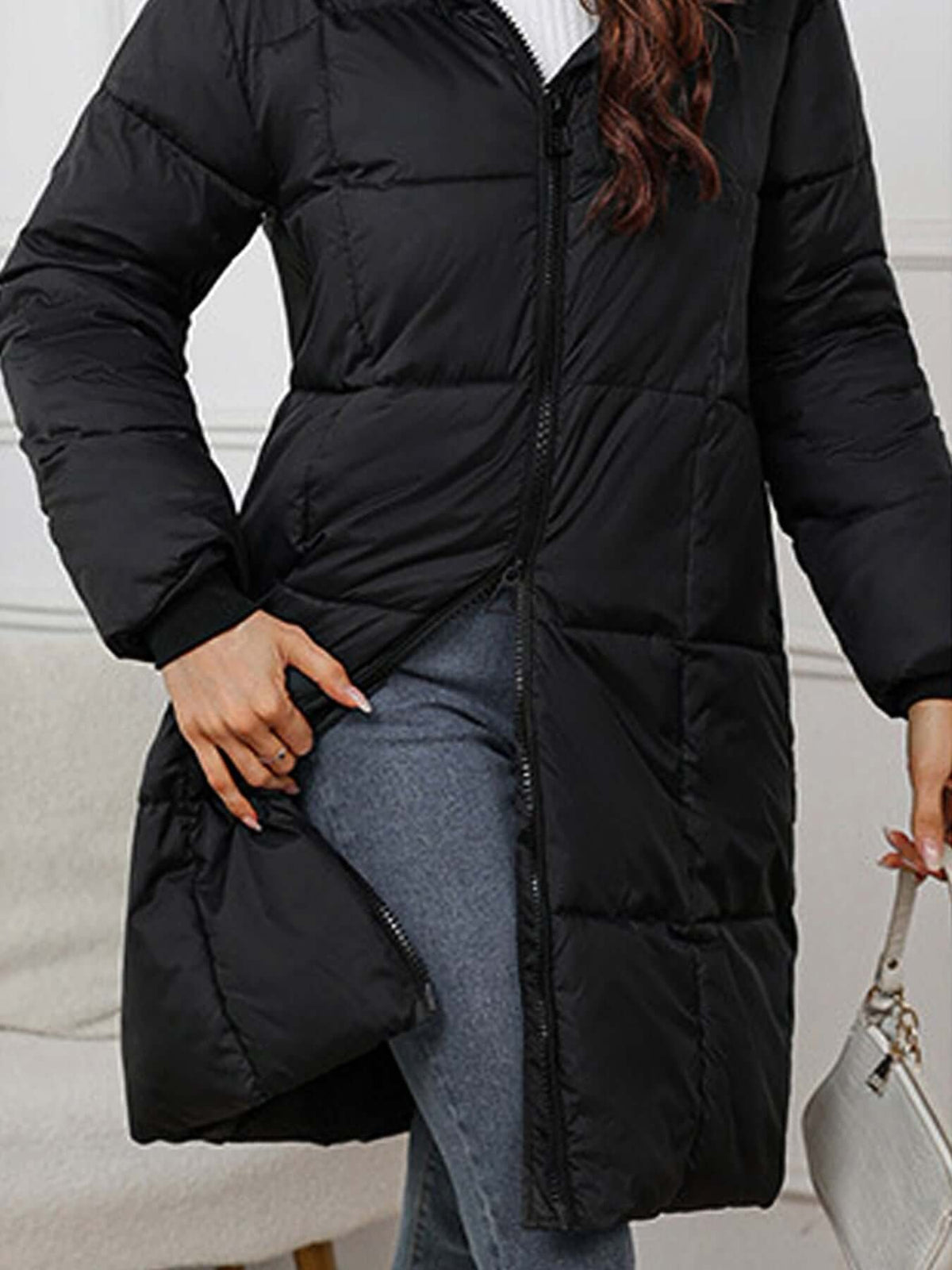 Women's Hooded Long Puffer Coat with a Drawstring Waist - Black