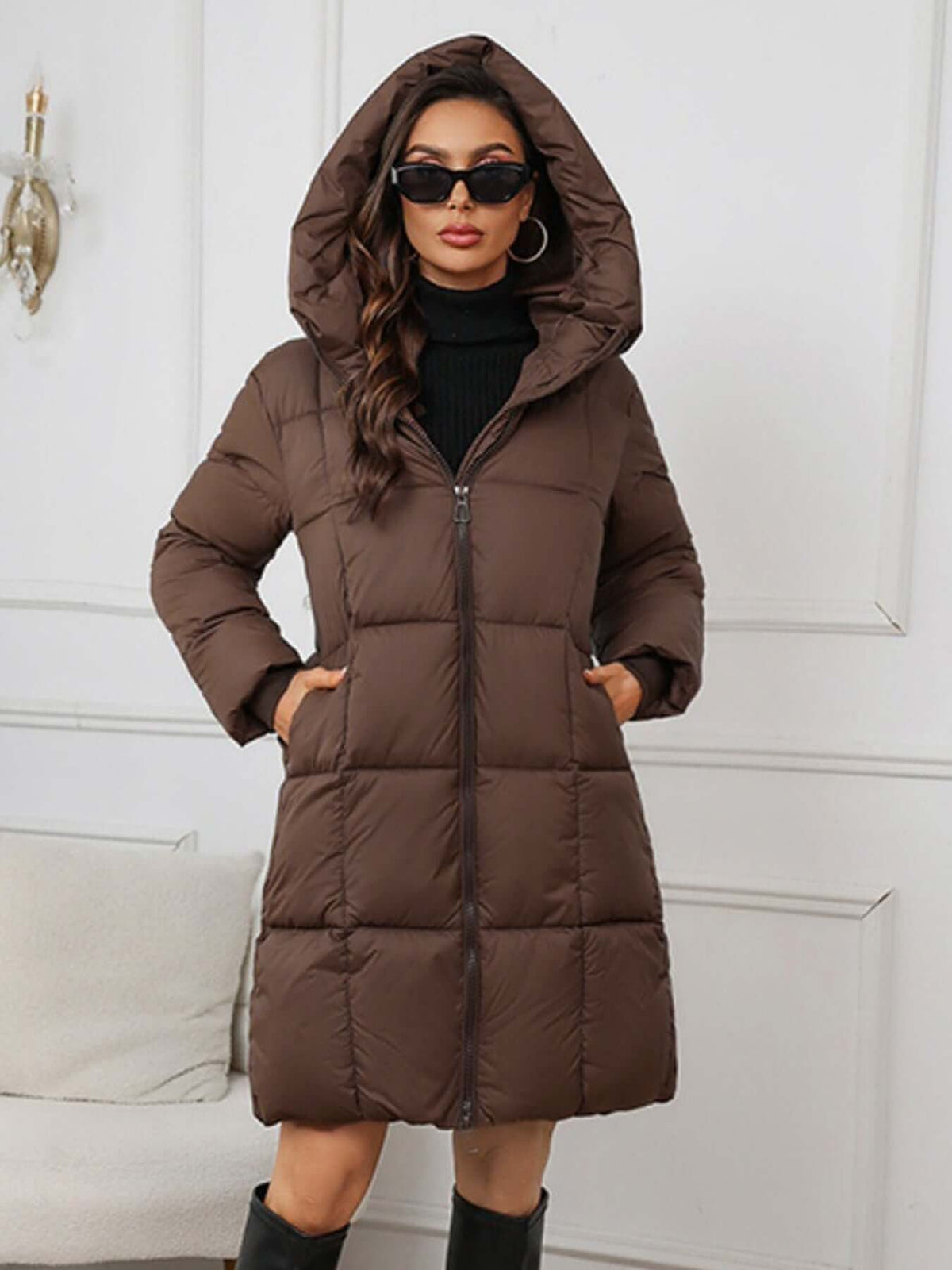 Women's Hooded Long Puffer Coat with a Drawstring Waist - Brown