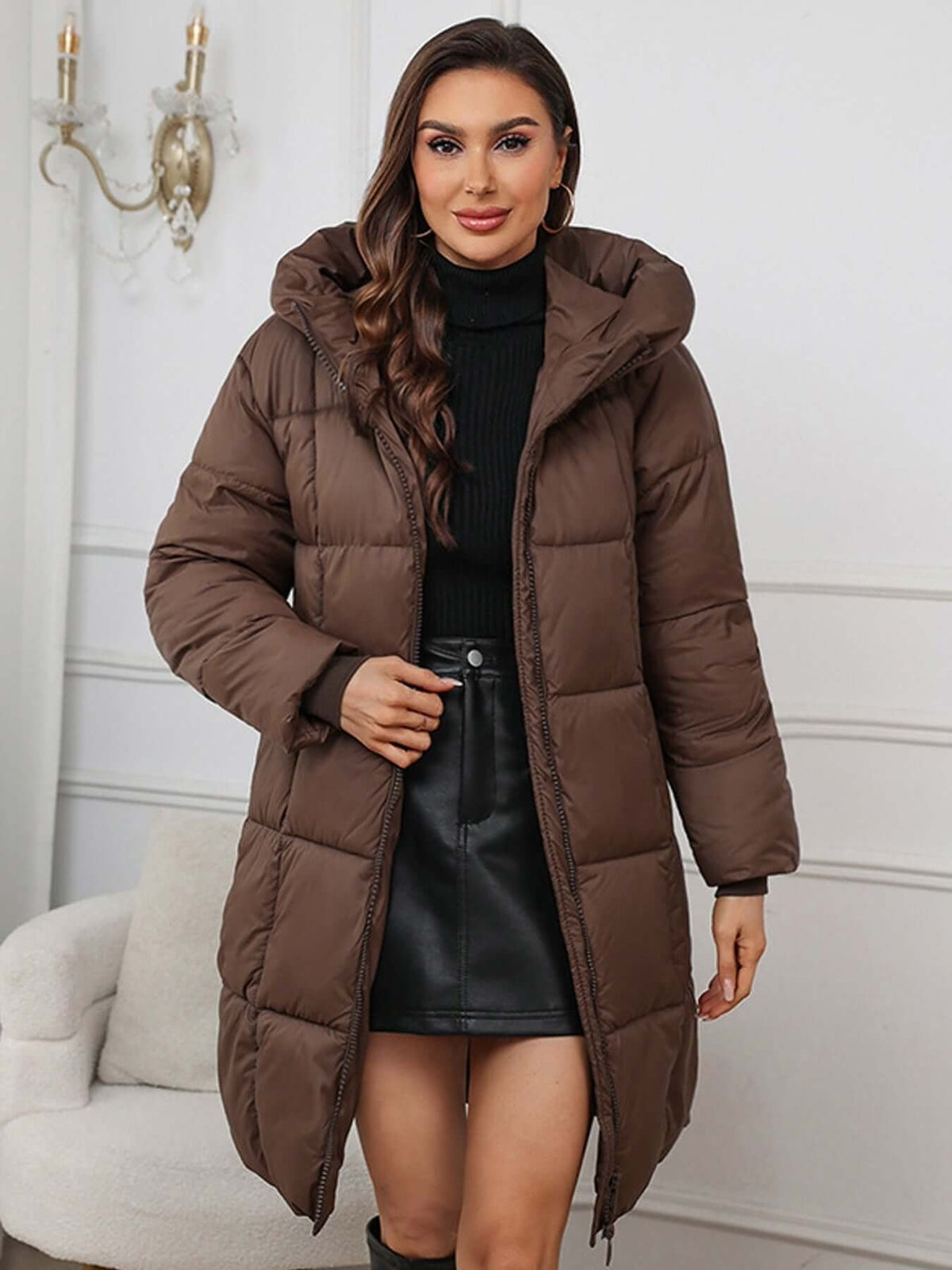 Women's Hooded Long Puffer Coat with a Drawstring Waist - Brown
