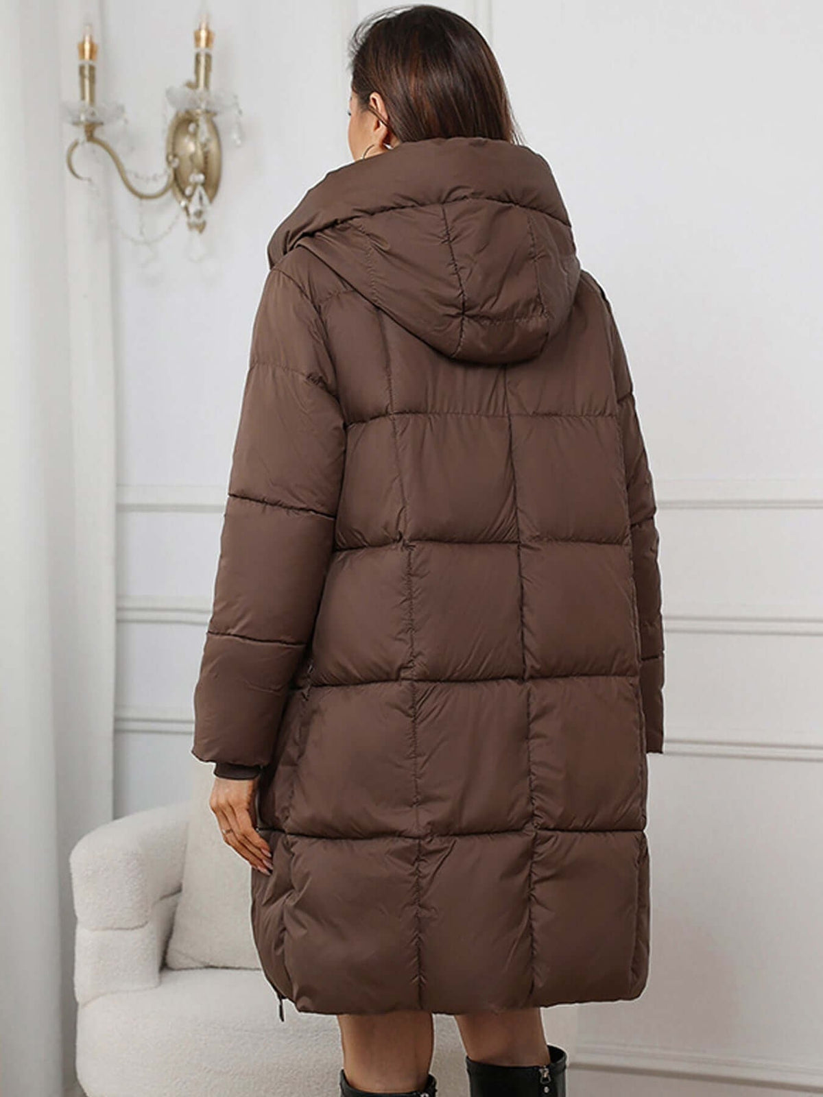 Women's Hooded Long Puffer Coat with a Drawstring Waist - Brown