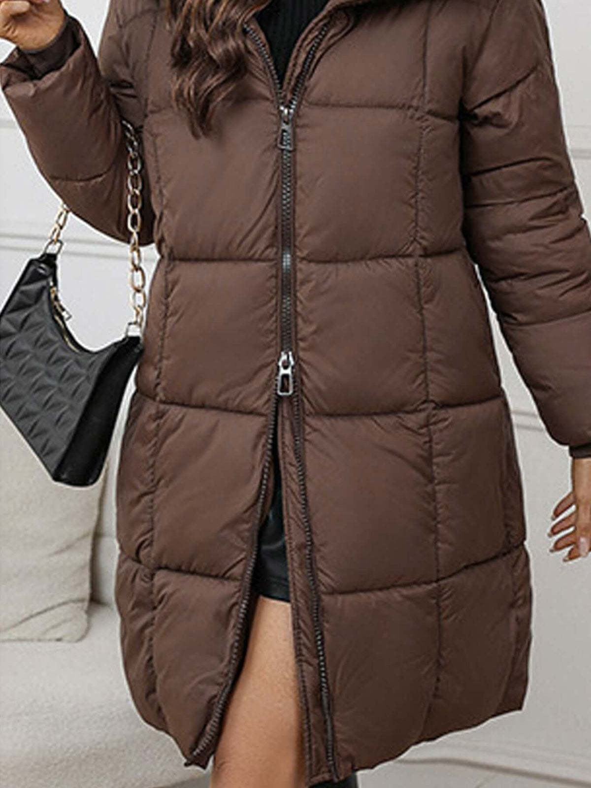Women's Hooded Long Puffer Coat with a Drawstring Waist - Brown