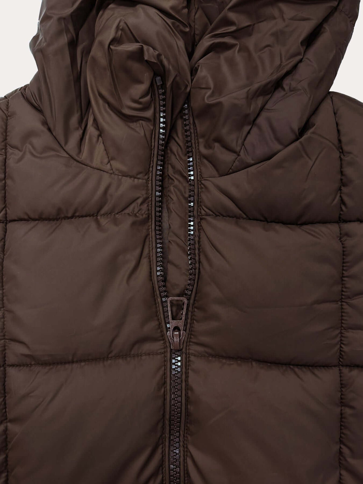 Women's Hooded Long Puffer Coat with a Drawstring Waist - Brown