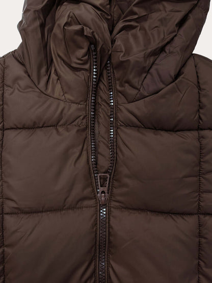 Women's Hooded Long Puffer Coat with a Drawstring Waist - Brown