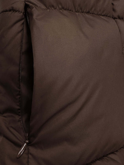 Women's Hooded Long Puffer Coat with a Drawstring Waist - Brown