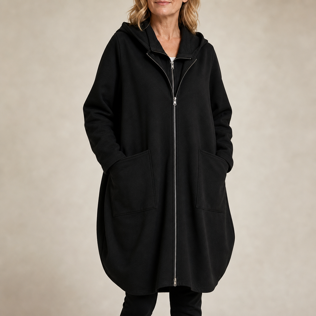 Women's Hooded Mid-Length Relaxed Coat - Black