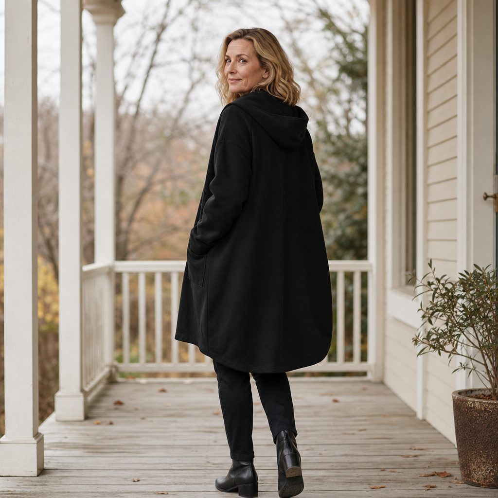 Women's Hooded Mid-Length Relaxed Coat - Black