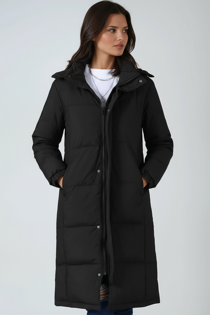 Women's Hooded Quilted Puffer Longline Coat - Black