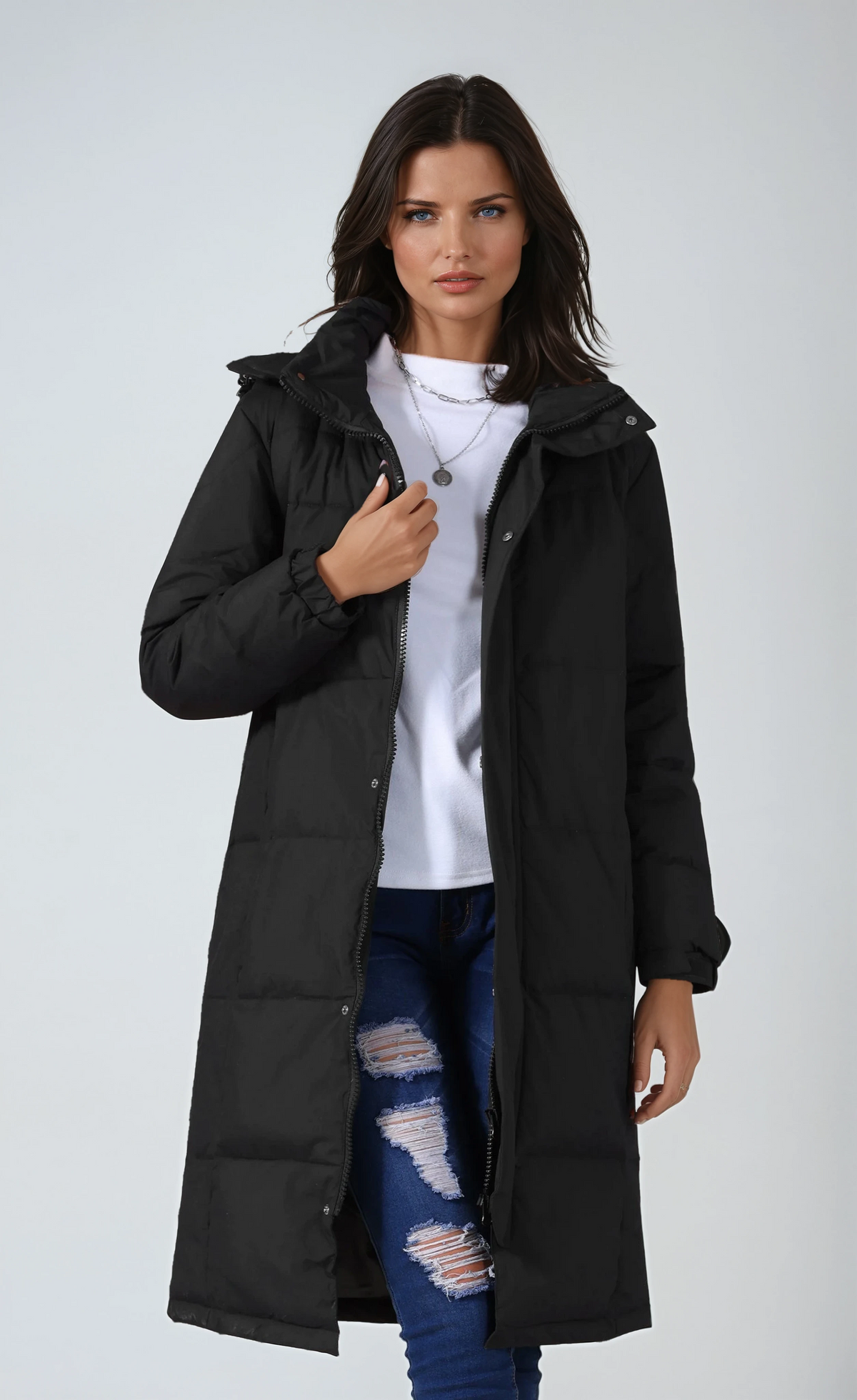 Women's Hooded Quilted Puffer Longline Coat - Black