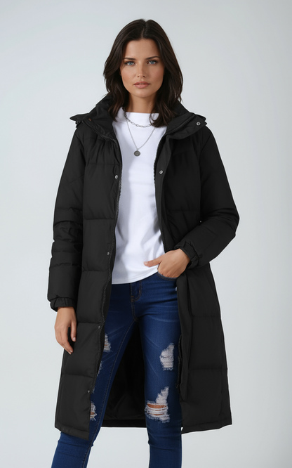 Women's Hooded Quilted Puffer Longline Coat - Black