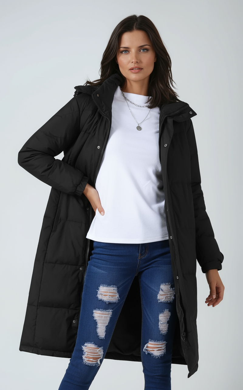 Women's Hooded Quilted Puffer Longline Coat - Black