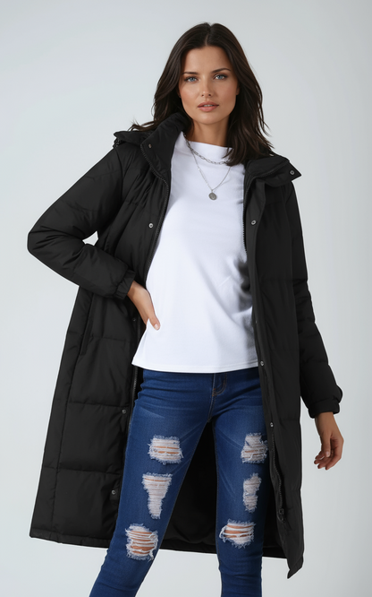 Women's Hooded Quilted Puffer Longline Coat - Black