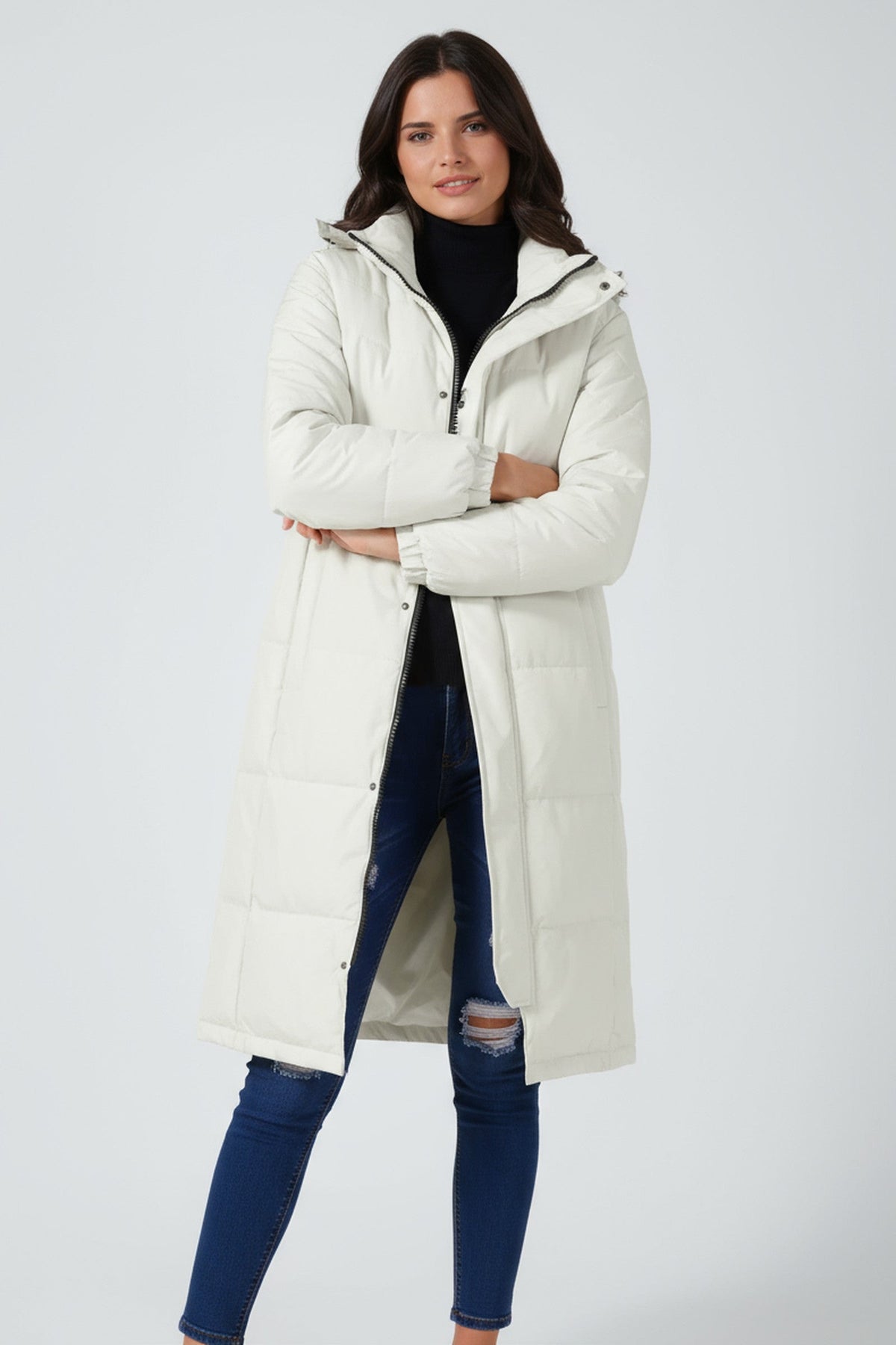 Women's Hooded Quilted Puffer Longline Coat - White