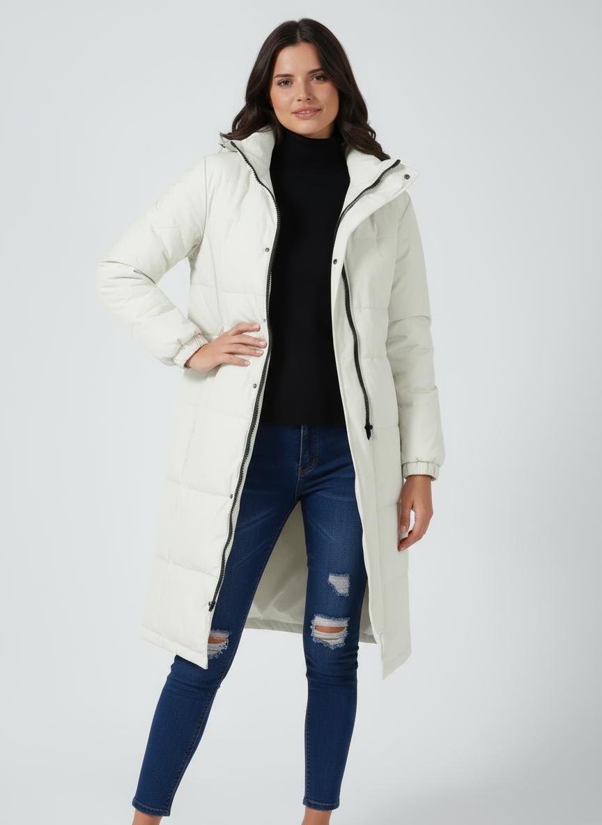Women's Hooded Quilted Puffer Longline Coat - White