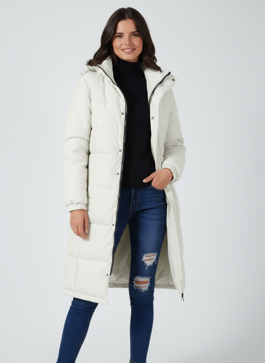 Women's Hooded Quilted Puffer Longline Coat - White