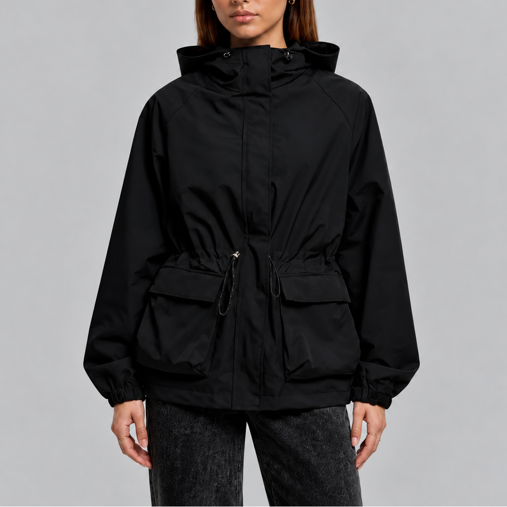 Women's Hooded Waterproof Drawstring Jacket - Black