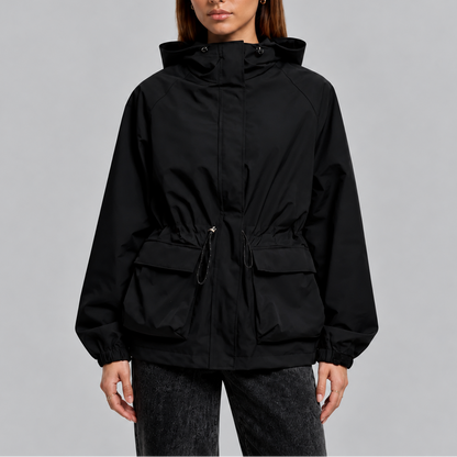 Women's Hooded Waterproof Drawstring Jacket - Black