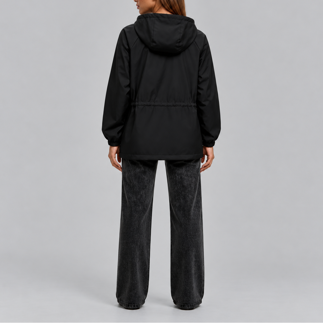Women's Hooded Waterproof Drawstring Jacket - Black
