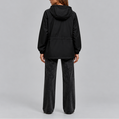 Women's Hooded Waterproof Drawstring Jacket - Black