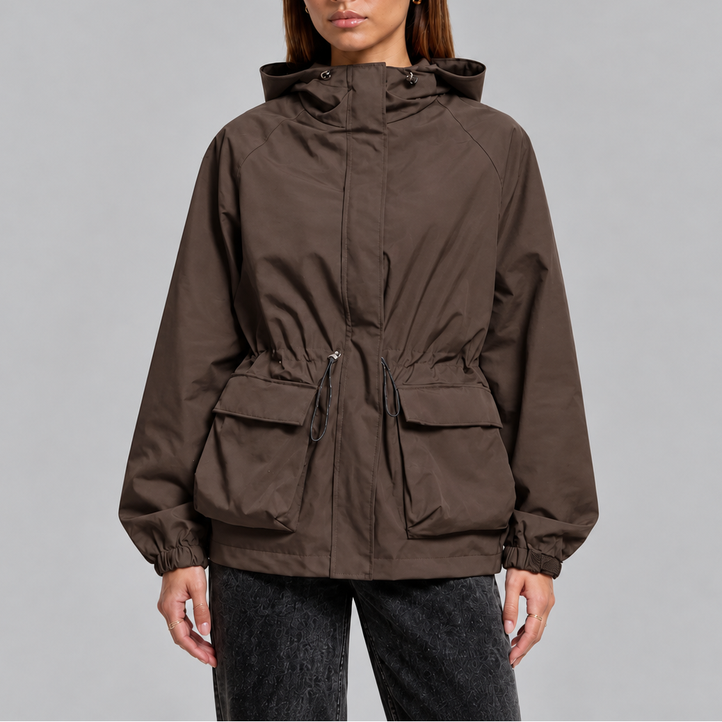 Women's Hooded Waterproof Drawstring Jacket - Brown
