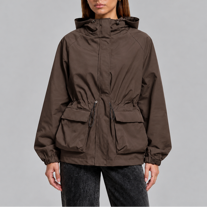Women's Hooded Waterproof Drawstring Jacket - Brown