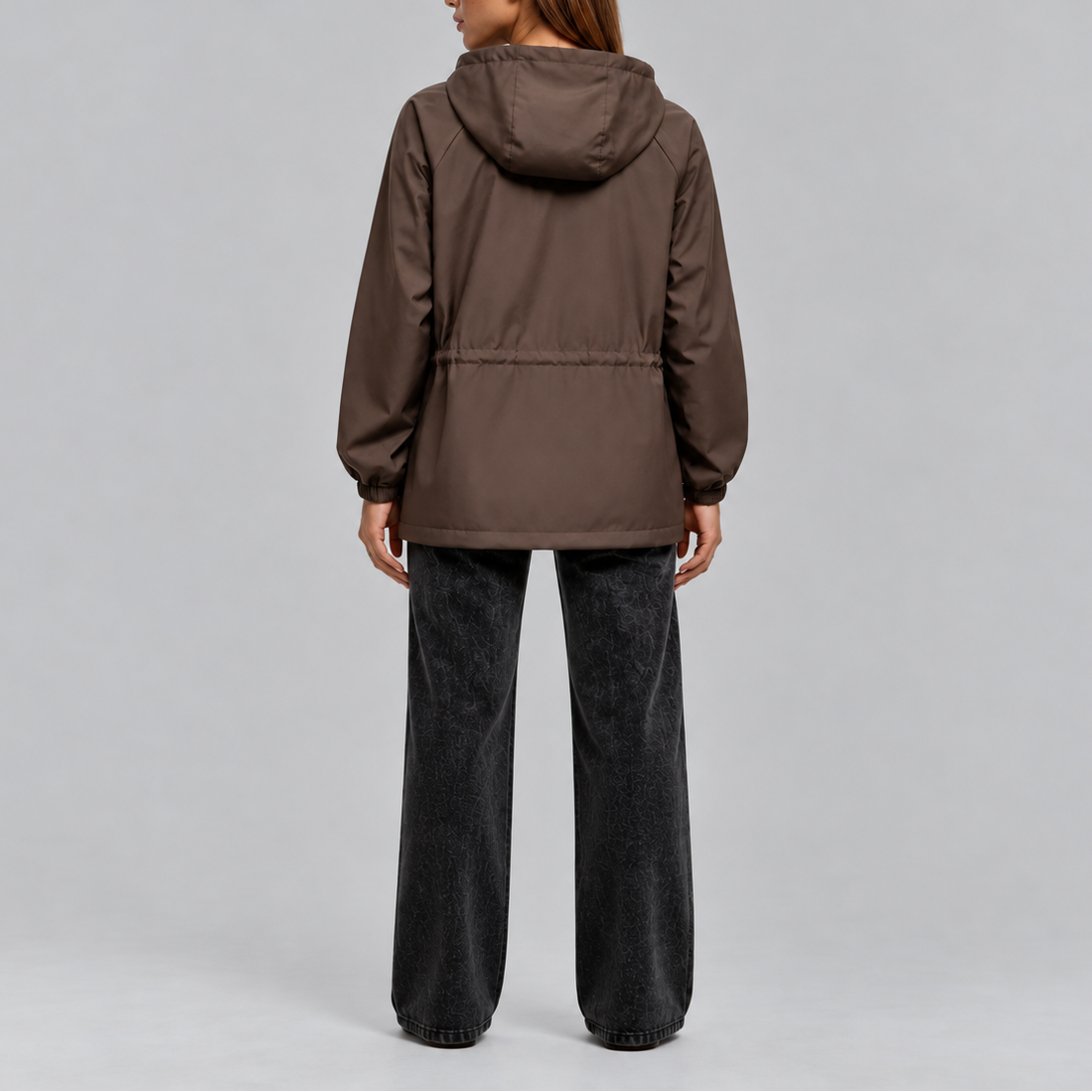 Women's Hooded Waterproof Drawstring Jacket - Brown