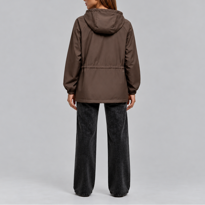 Women's Hooded Waterproof Drawstring Jacket - Brown