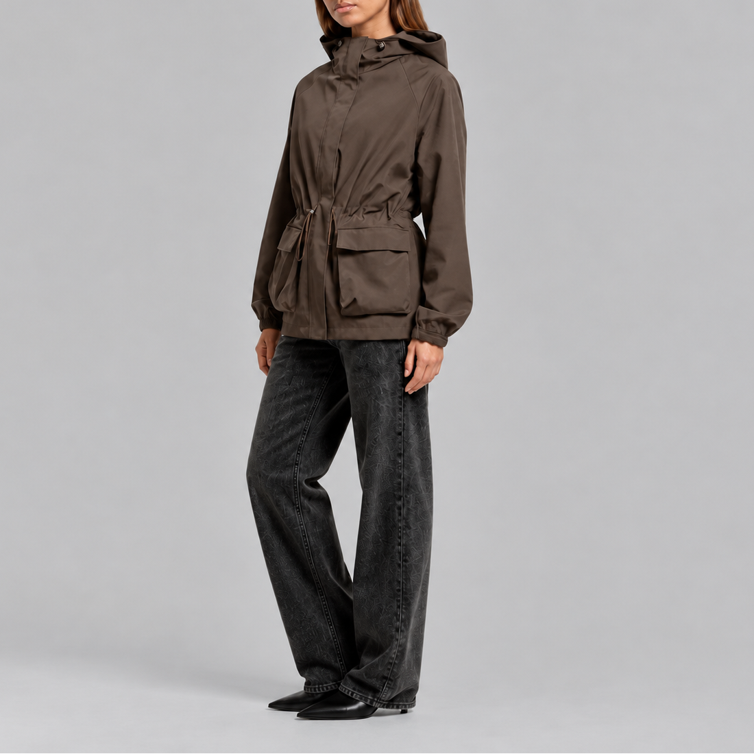 Women's Hooded Waterproof Drawstring Jacket - Brown