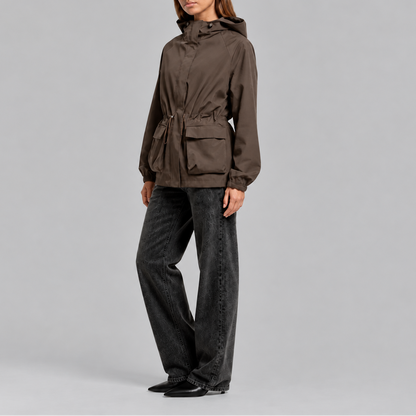 Women's Hooded Waterproof Drawstring Jacket - Brown