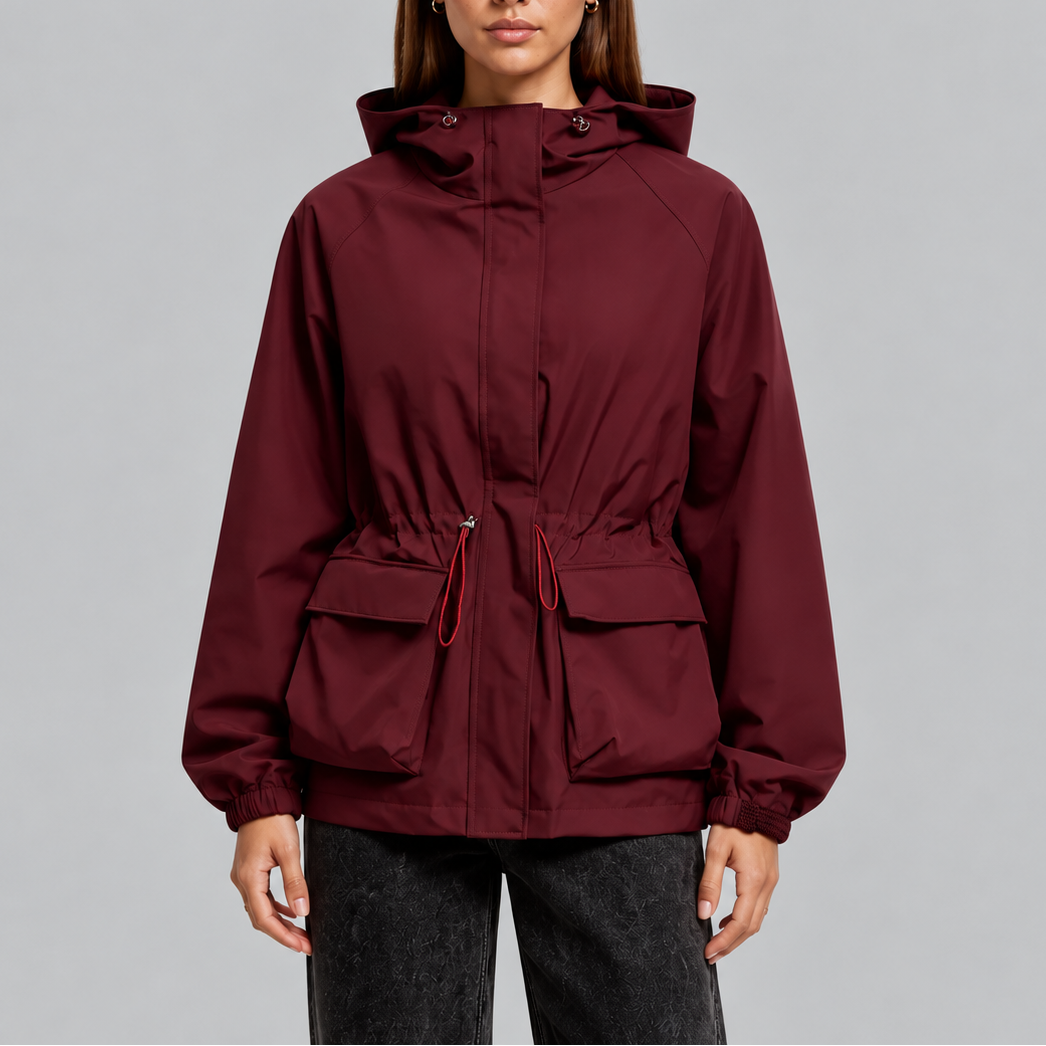 Women's Hooded Waterproof Drawstring Jacket - Burgundy
