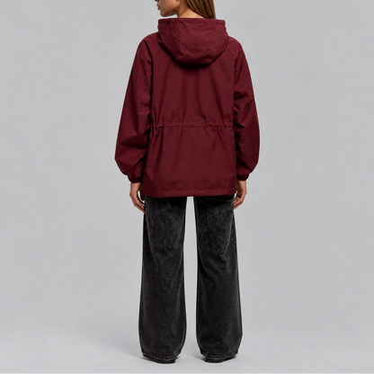 Women's Hooded Waterproof Drawstring Jacket - Burgundy