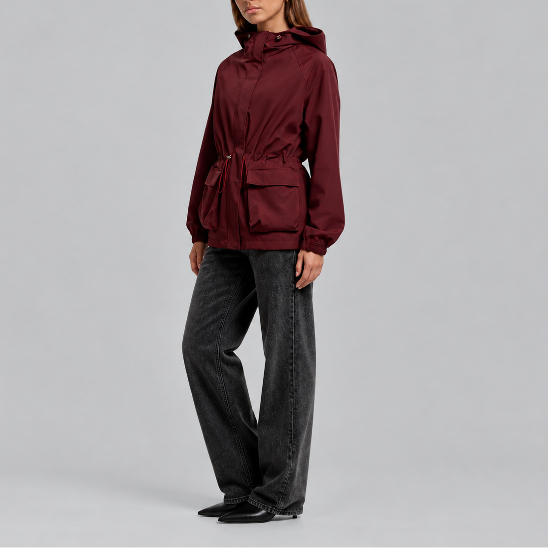 Women's Hooded Waterproof Drawstring Jacket - Burgundy