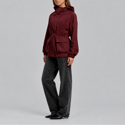 Women's Hooded Waterproof Drawstring Jacket - Burgundy