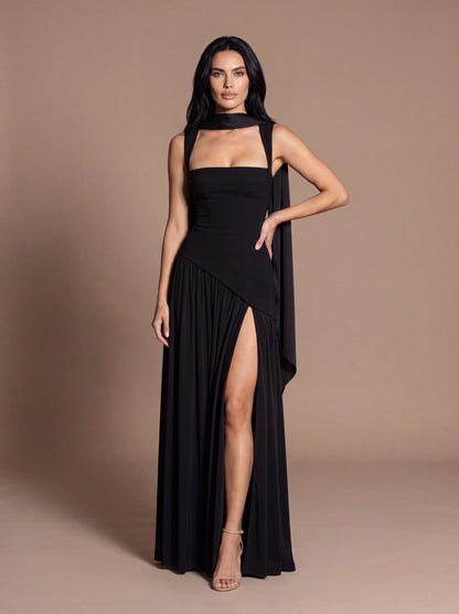 Women's Keyhole Cutout Lace-Up Maxi Dress - Black