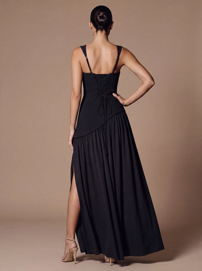 Women's Keyhole Cutout Lace-Up Maxi Dress - Black