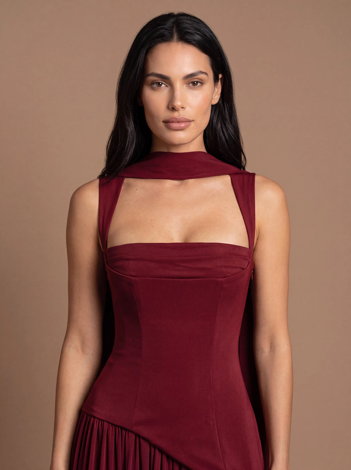 Women's Keyhole Cutout Lace-Up Maxi Dress - Cherry Lacquer
